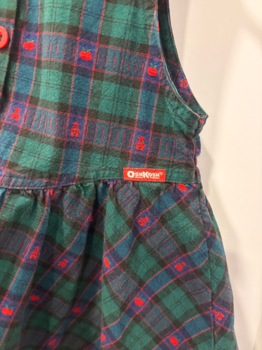 Vintage OshKosh Bgosh Green Plaid Sleeveless Girls Dress with Red Buttons - Picture 3 of 15